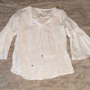 NY Collection White Embroidered Peasant Blouse with Tie